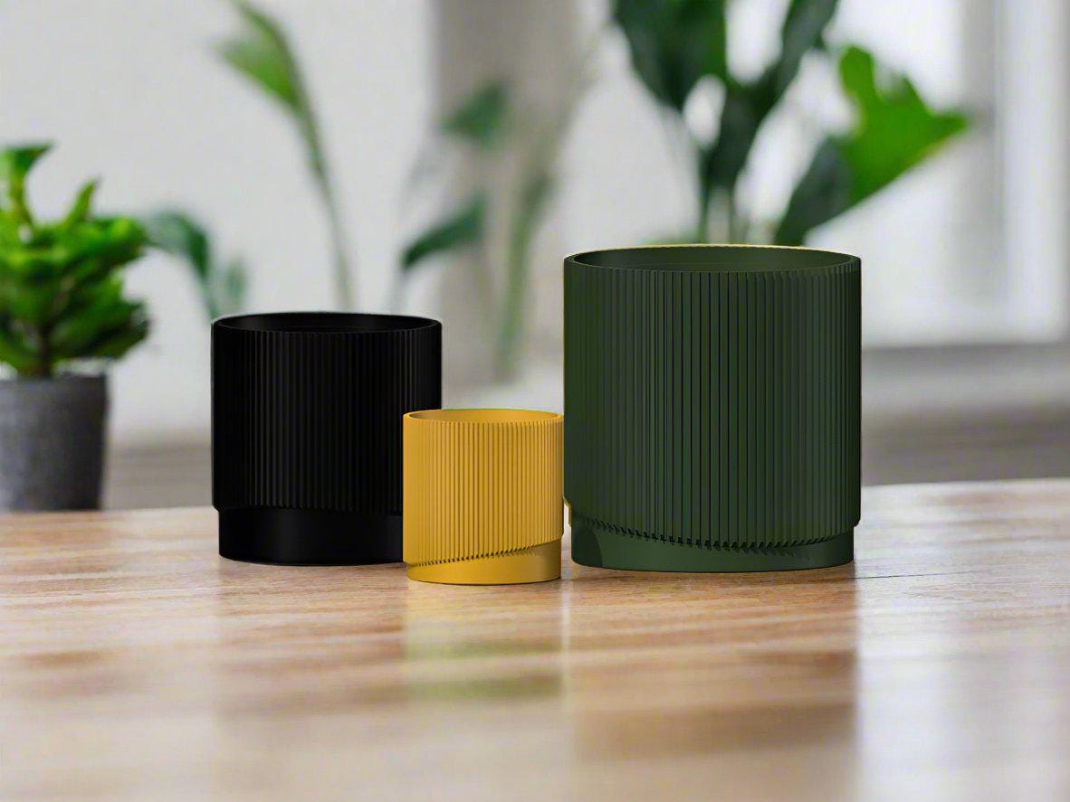 Mid-Century Ribbed Planter with Drainage and Saucer