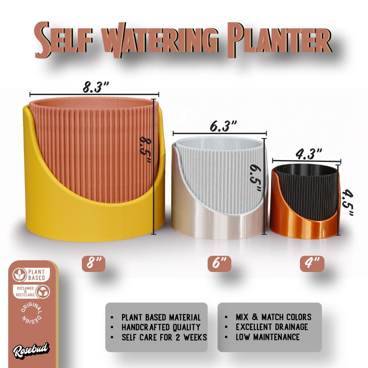 4 Inch Self Watering Planter, Modern Ribbed Design