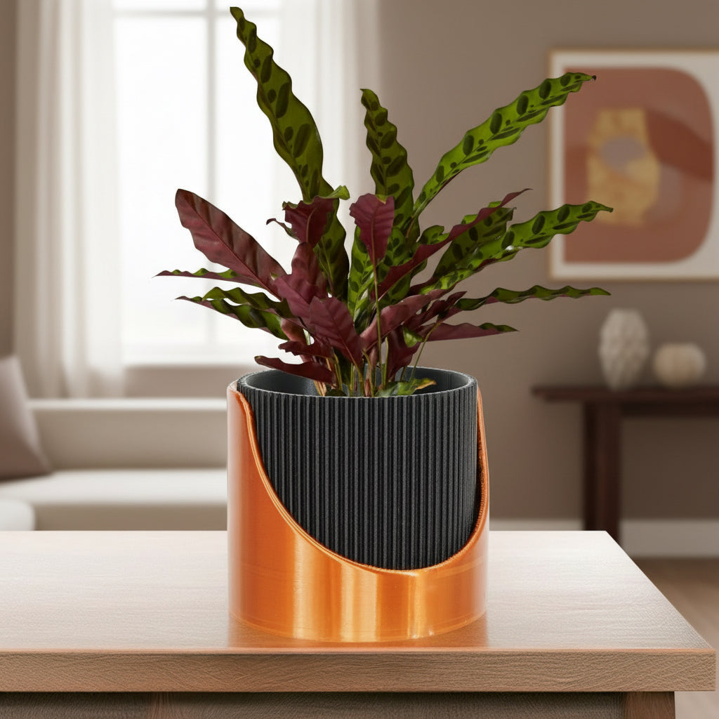 4 Inch Self Watering Planter, Modern Ribbed Design