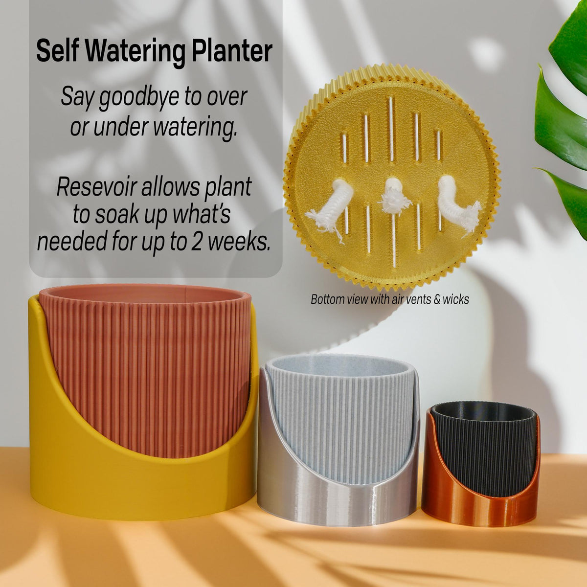 4 Inch Self Watering Planter, Modern Ribbed Design