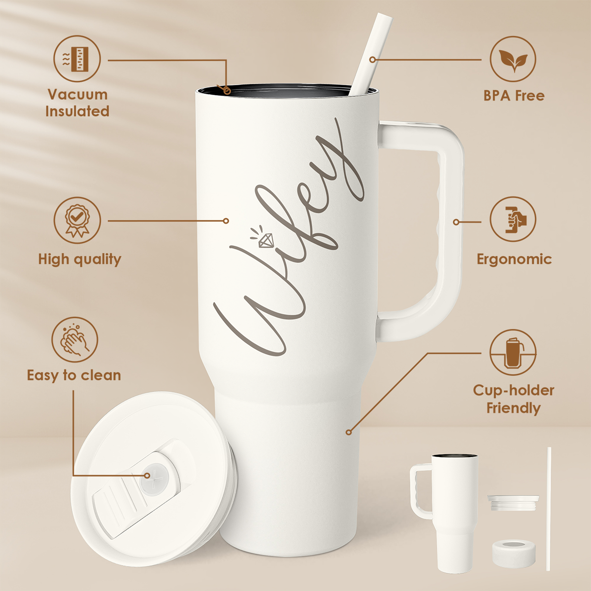 Valentine's Day Travel Tumbler for Wife - 40oz, White