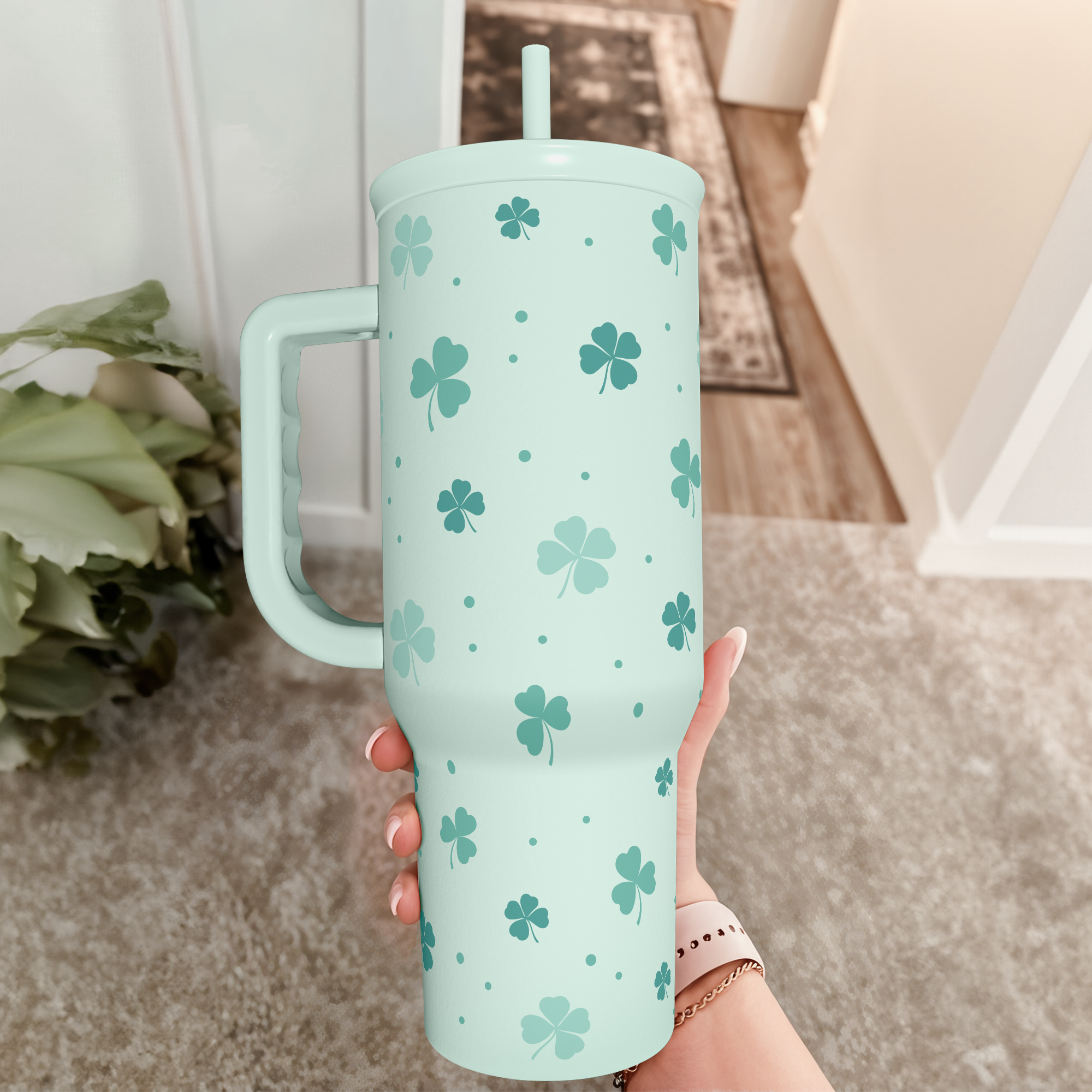 Shamrock  St. Patrick's Day Tumbler with Handle &Straw - 40oz