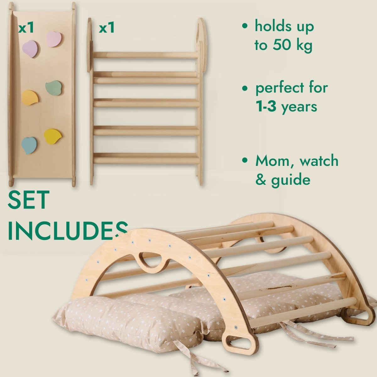 4-in-1 Montessori Climbing Set: Pikler Triangle, Arch, Slide Board, and Cushion for Toddlers (1–3 Years)