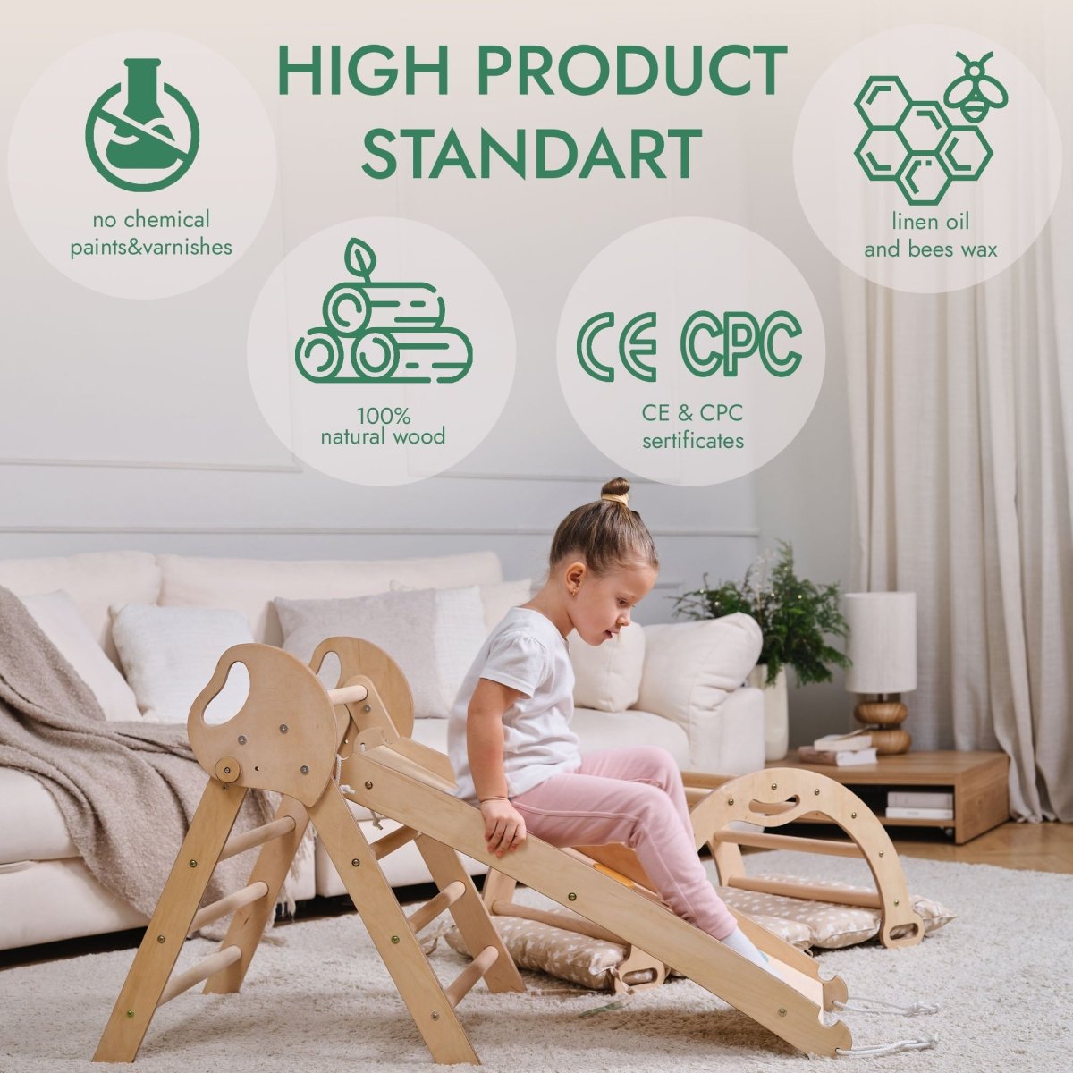 4-in-1 Montessori Climbing Set: Pikler Triangle, Arch, Slide Board, and Cushion for Toddlers (1–3 Years)