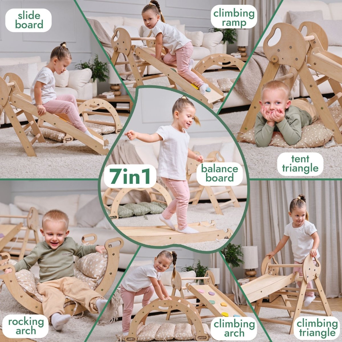 4-in-1 Montessori Climbing Set: Pikler Triangle, Arch, Slide Board, and Cushion for Toddlers (1–3 Years)