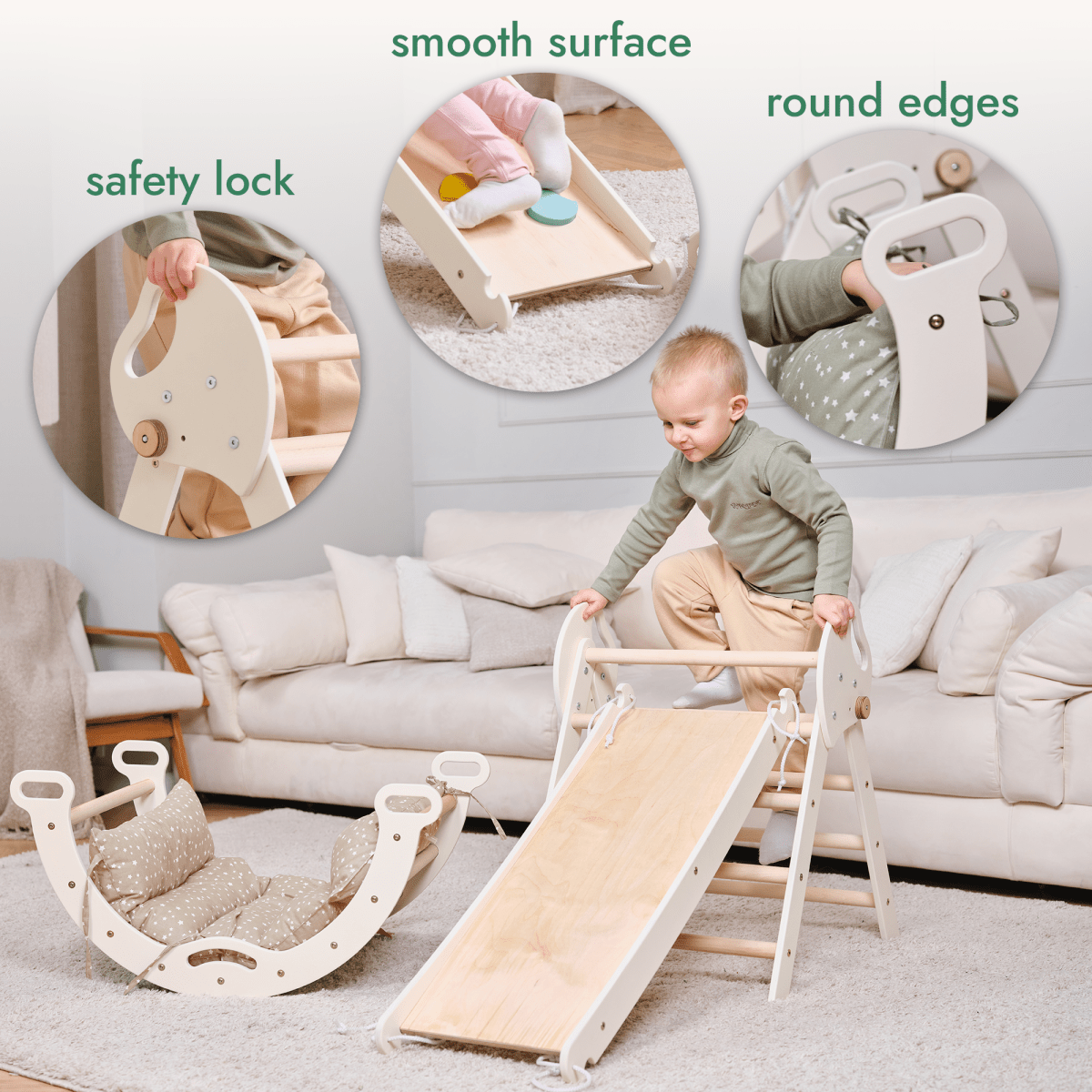 4-in-1 Montessori Climbing Set: Pikler Triangle, Arch, Slide Board, and Cushion for Toddlers (1–3 Years)