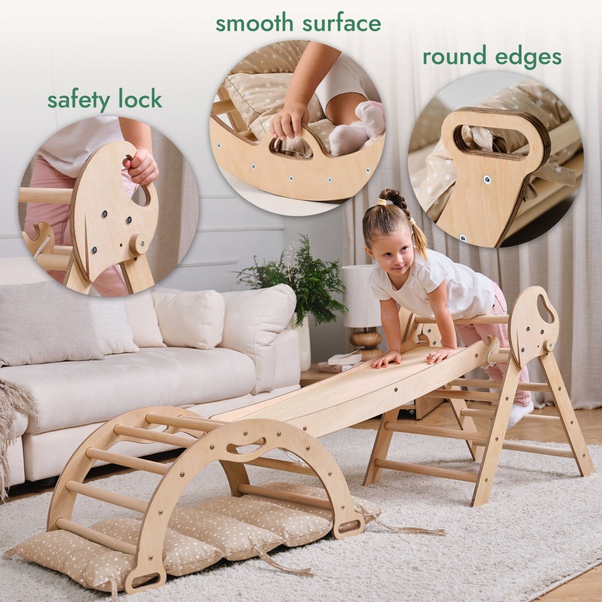 4-in-1 Montessori Climbing Set: Pikler Triangle, Arch, Slide Board, and Cushion for Toddlers (1–3 Years)
