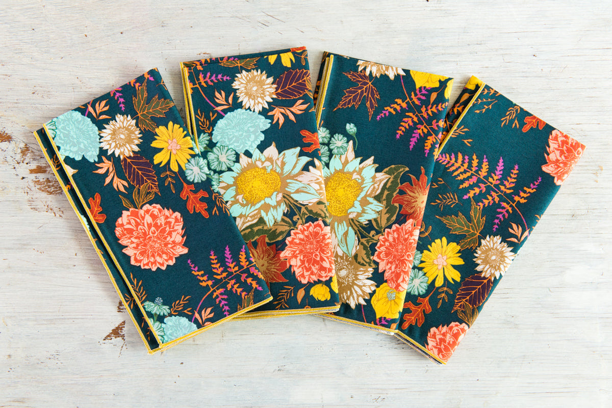 Winter Blue Floral Cloth Napkins, Set of 4