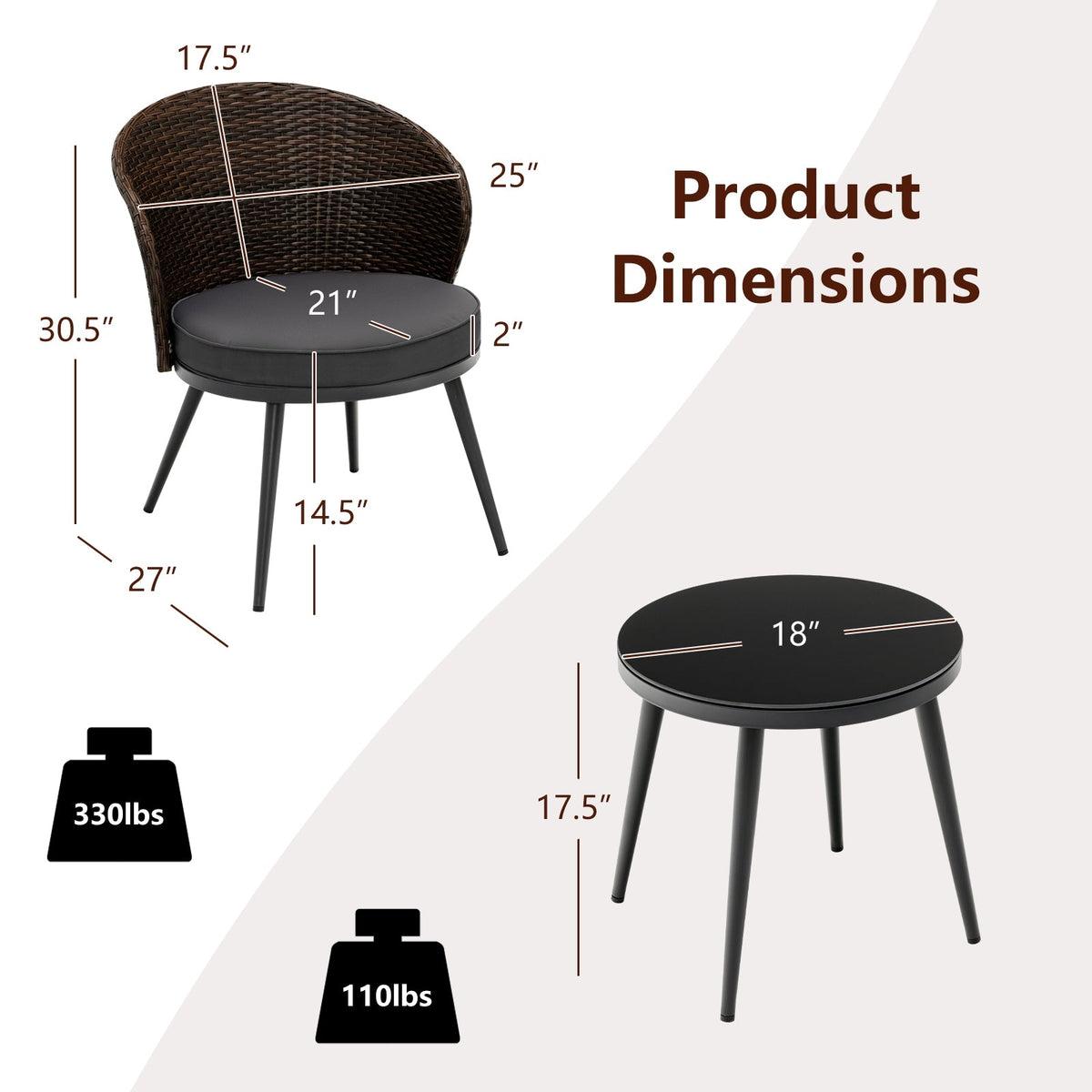 3 Pieces Patio Rattan Bistro Set with 2 Seat Cushions - Brown