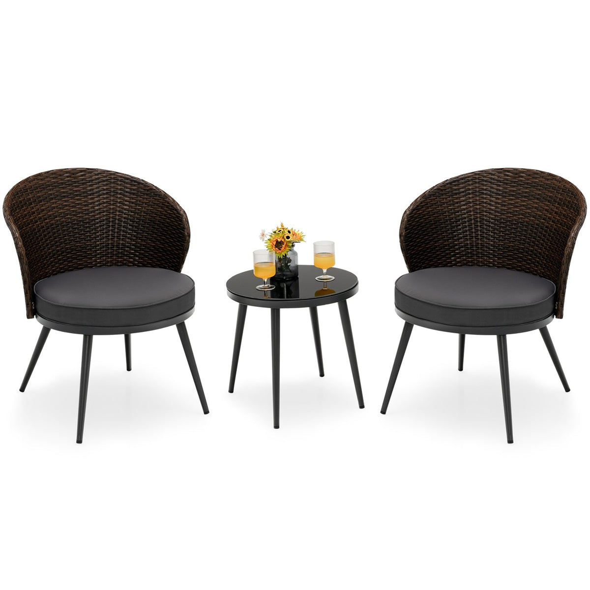 3 Pieces Patio Rattan Bistro Set with 2 Seat Cushions - Brown