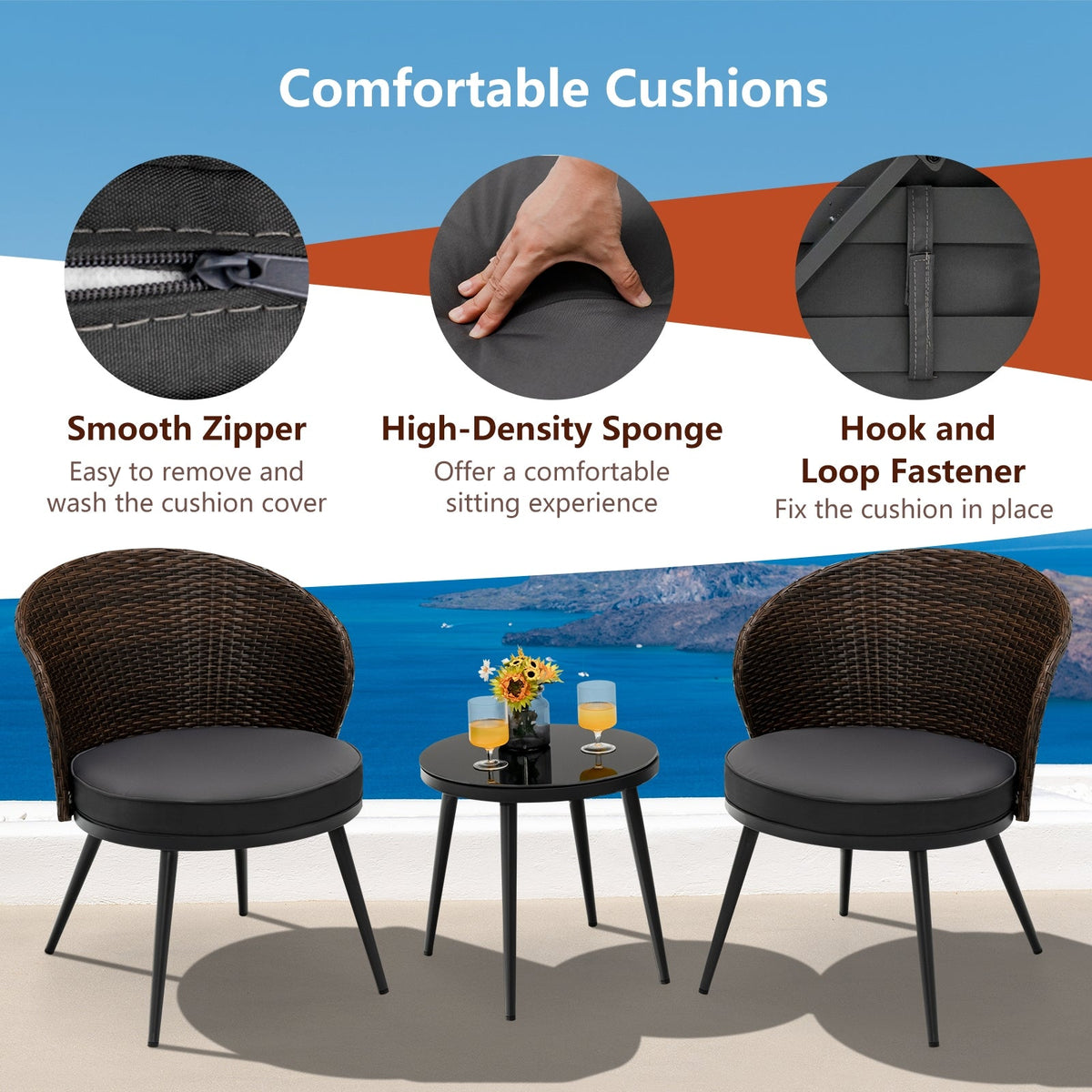 3 Pieces Patio Rattan Bistro Set with 2 Seat Cushions - Brown
