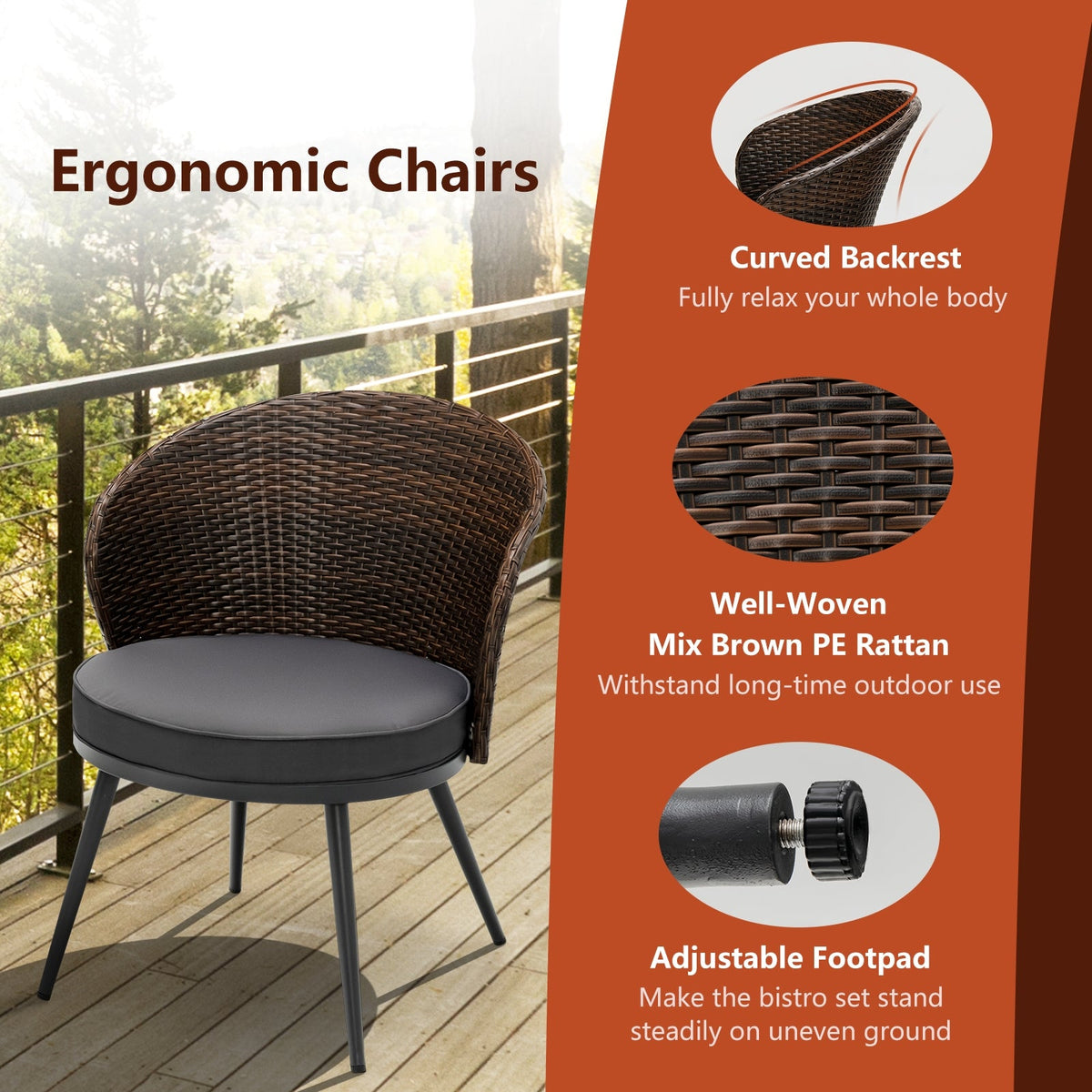 3 Pieces Patio Rattan Bistro Set with 2 Seat Cushions - Brown
