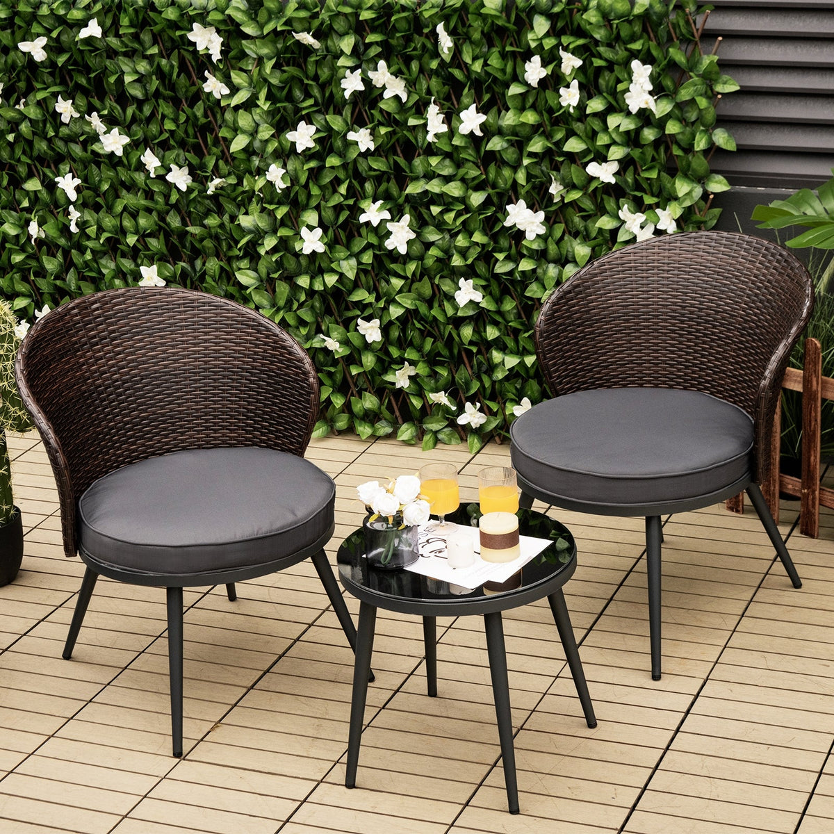 3 Pieces Patio Rattan Bistro Set with 2 Seat Cushions - Brown