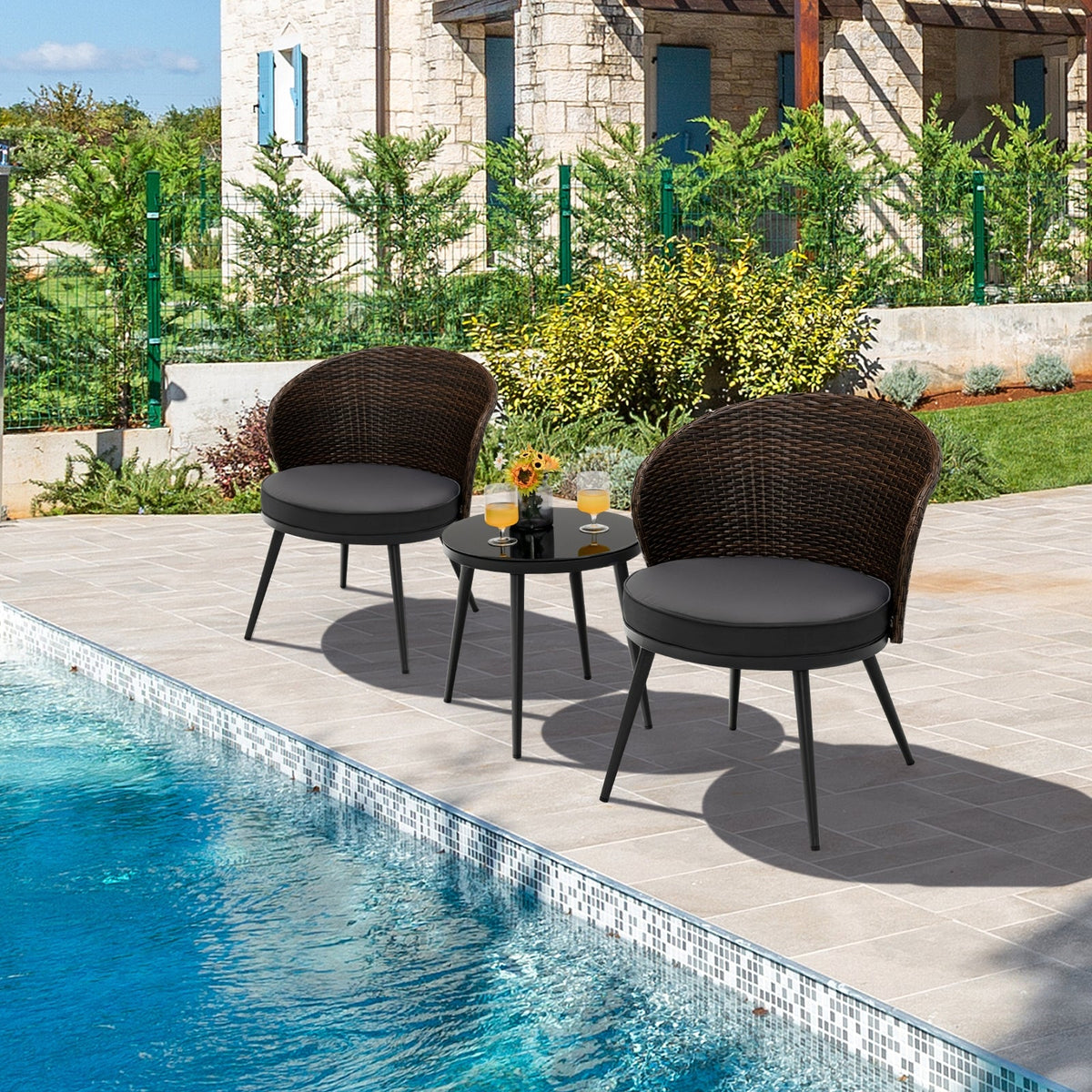 3 Pieces Patio Rattan Bistro Set with 2 Seat Cushions - Brown