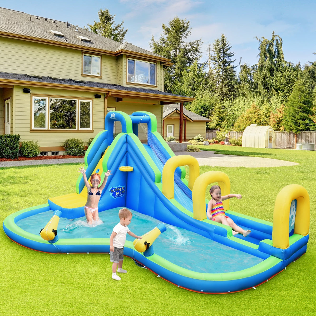Inflatable Water Slide Kids Bounce House with Water Cannons and Hose