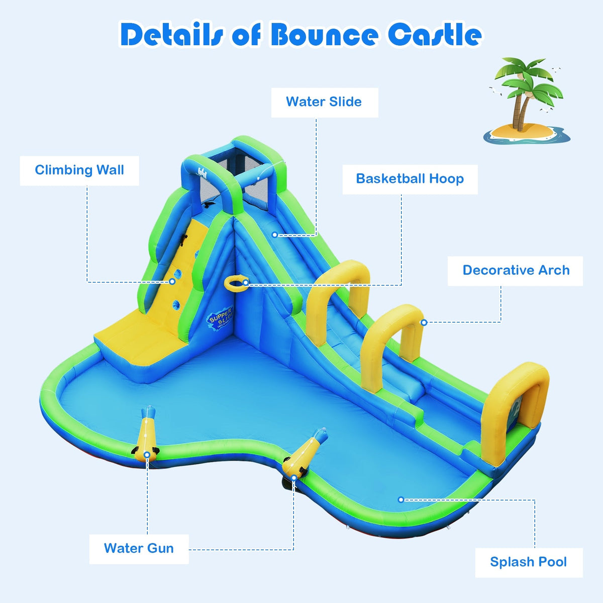 Inflatable Water Slide Kids Bounce House with Water Cannons and Hose