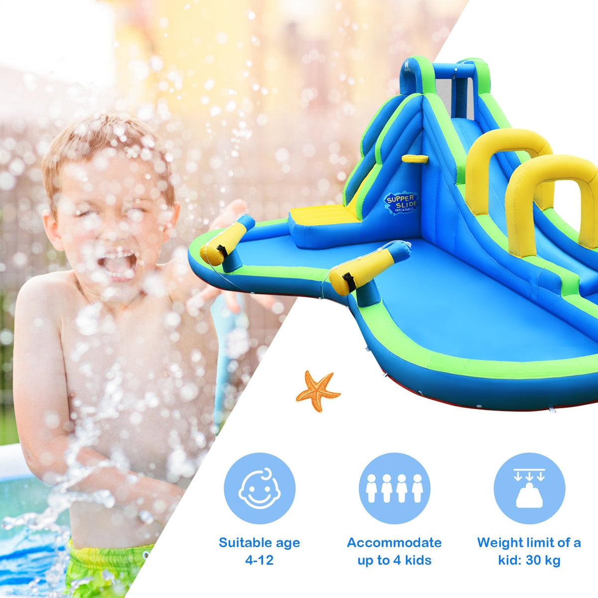 Inflatable Water Slide Kids Bounce House with Water Cannons and Hose