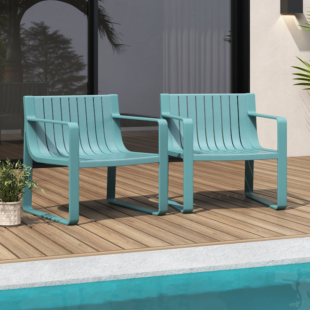 Patio Chairs Set of 2 with Curved Backrests and Seats - Blue