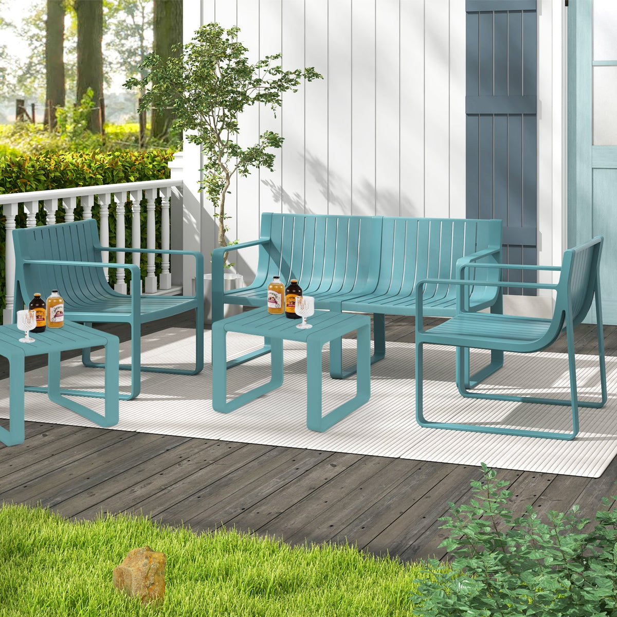 Patio Chairs Set of 2 with Curved Backrests and Seats - Blue