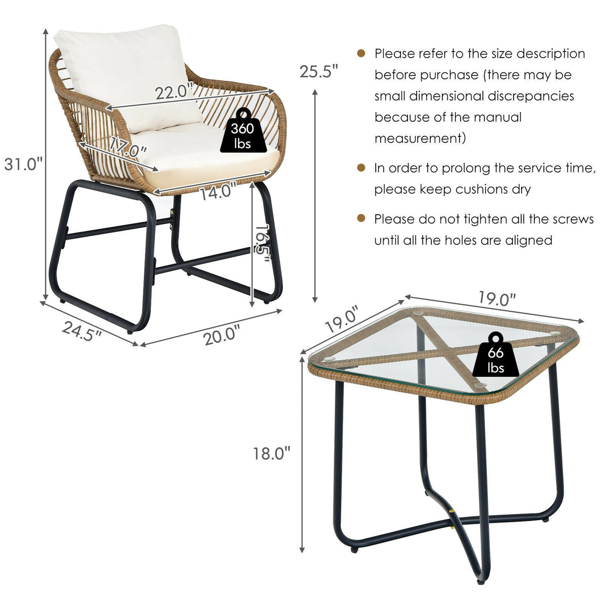 3-Piece Patio Bistro Set with 2 Rattan Chairs and Coffee Table - White