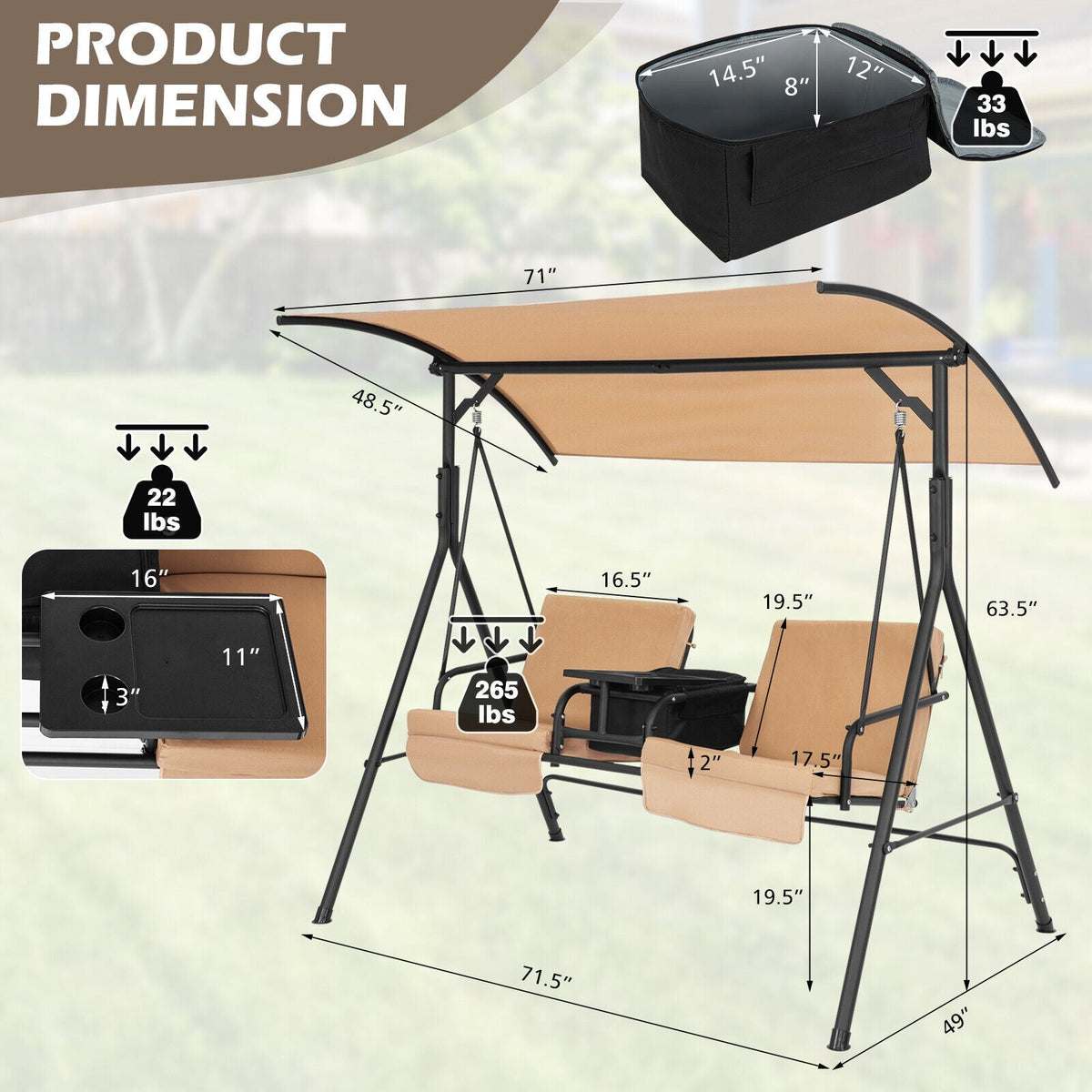 Porch Swing Chair with Adjustable Canopy - Beige