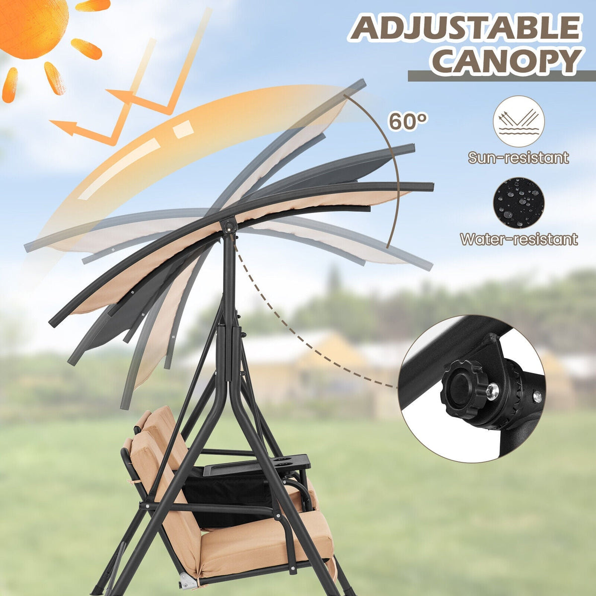 Porch Swing Chair with Adjustable Canopy - Beige