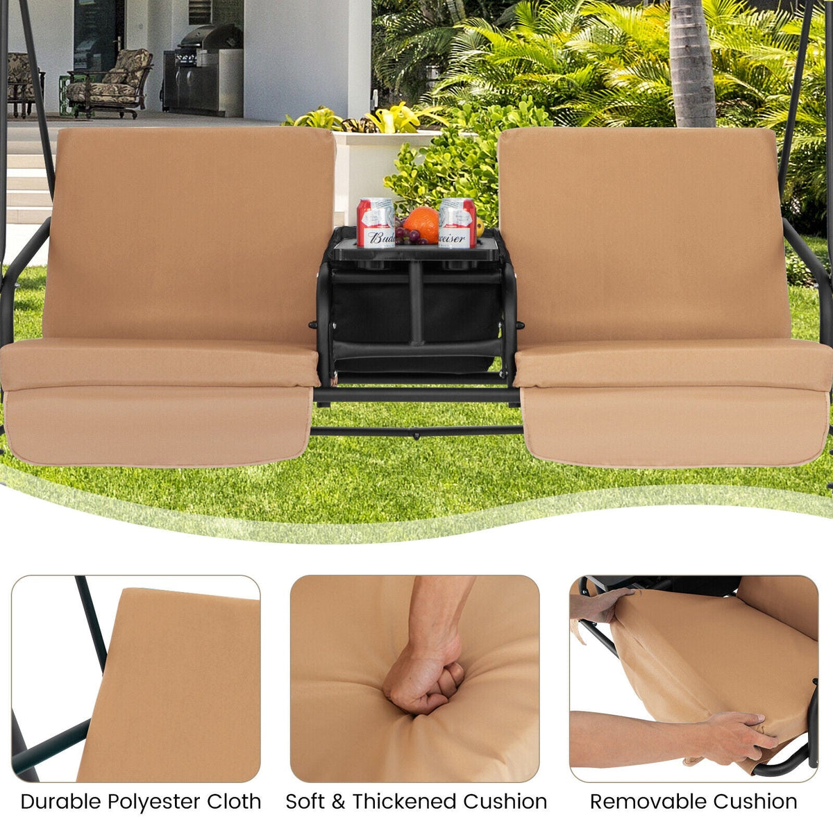 Porch Swing Chair with Adjustable Canopy - Beige
