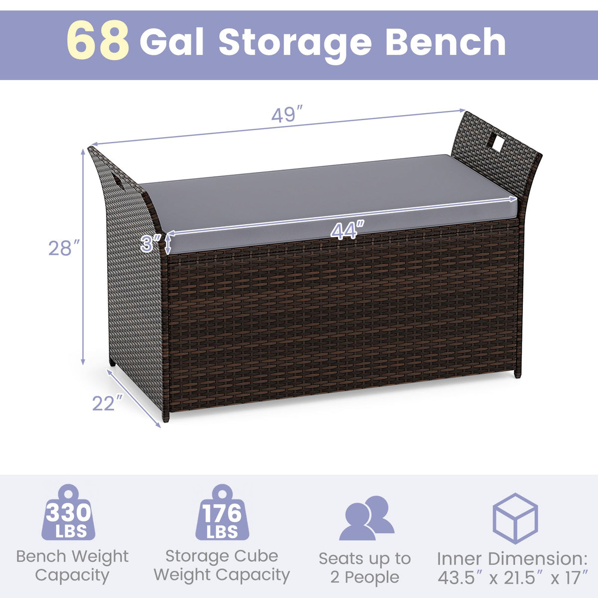 Outdoor Bench with Hand-woven PE Rattan Wicker - Gray