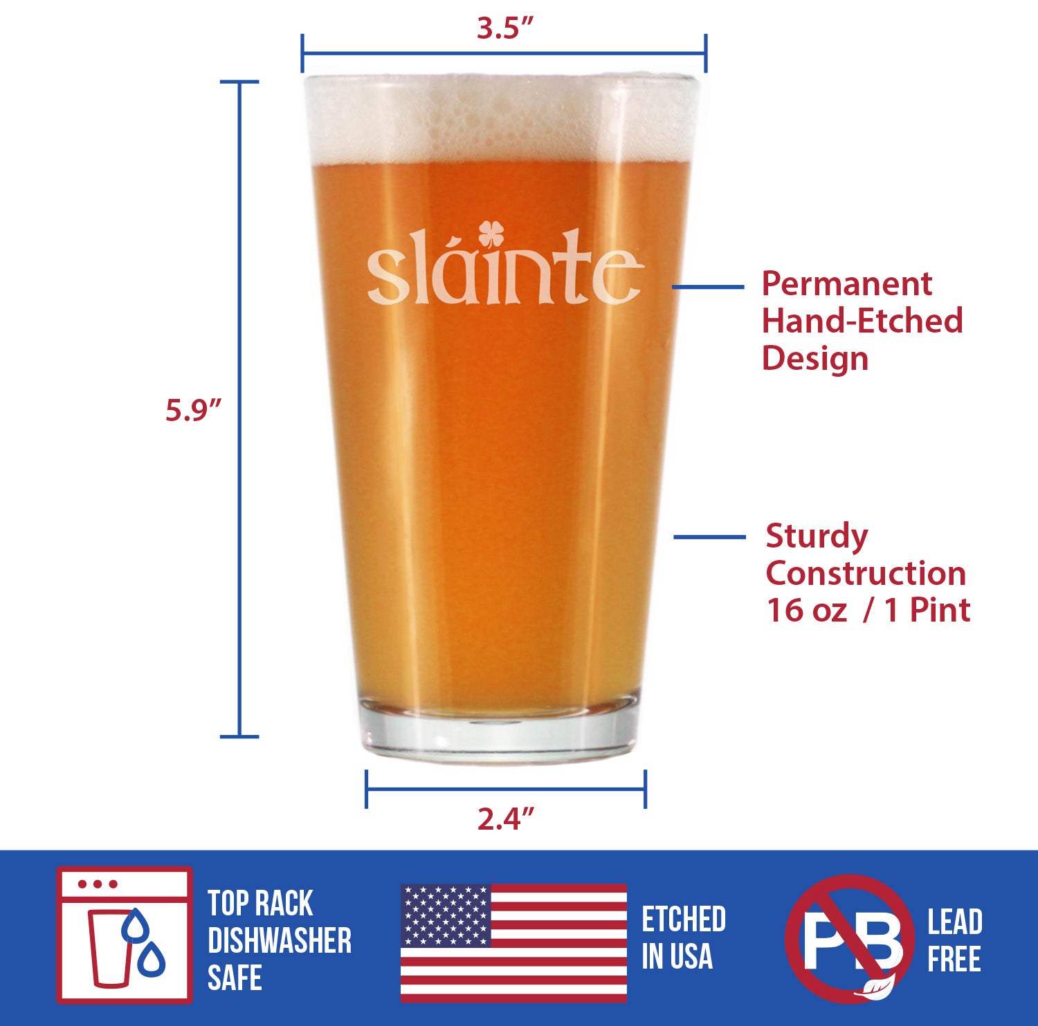 Slainte - Irish Cheers - Beer Pint Glass for St Patricks Day 16 oz