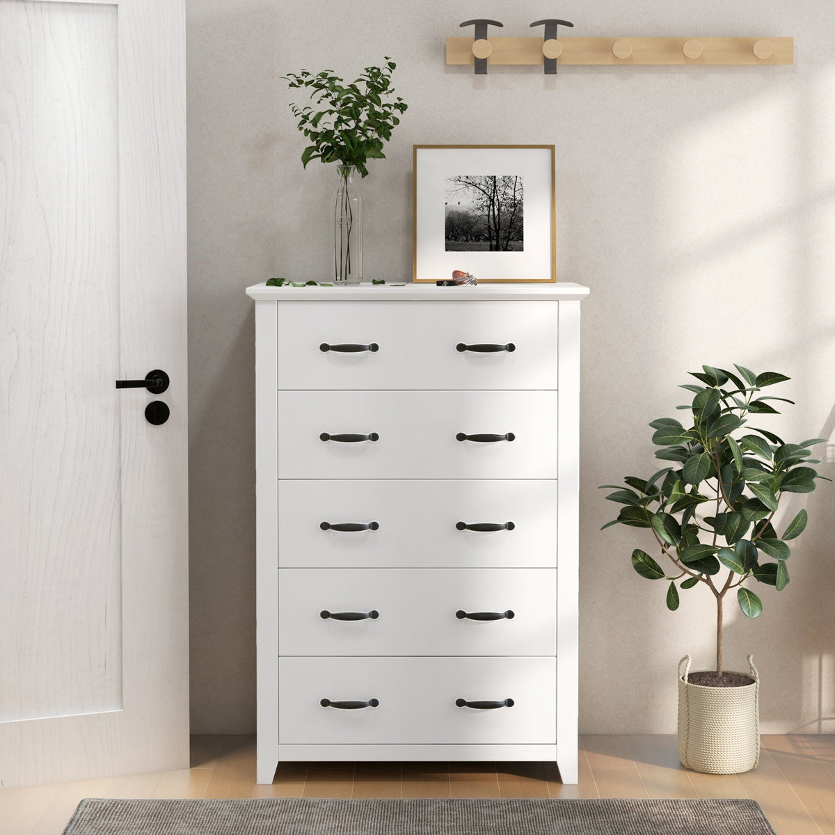 Tall Storage Dresser with 5 Pull-out Drawers for Bedroom Living Room-White
