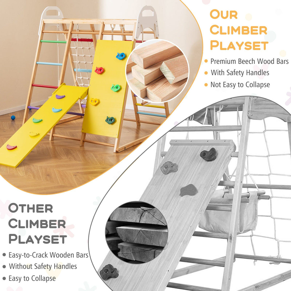 8-in-1 Wooden Jungle Gym Playset with Slide and Monkey Bars-Multicolor